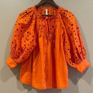 ANTHROPOLOGIE Orange Chantal Puff Sleeve Eyelet Lace Peasant Top Size Small